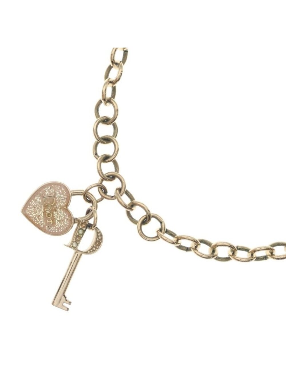 Dior Rhinestone Heart Key Necklace Gold
